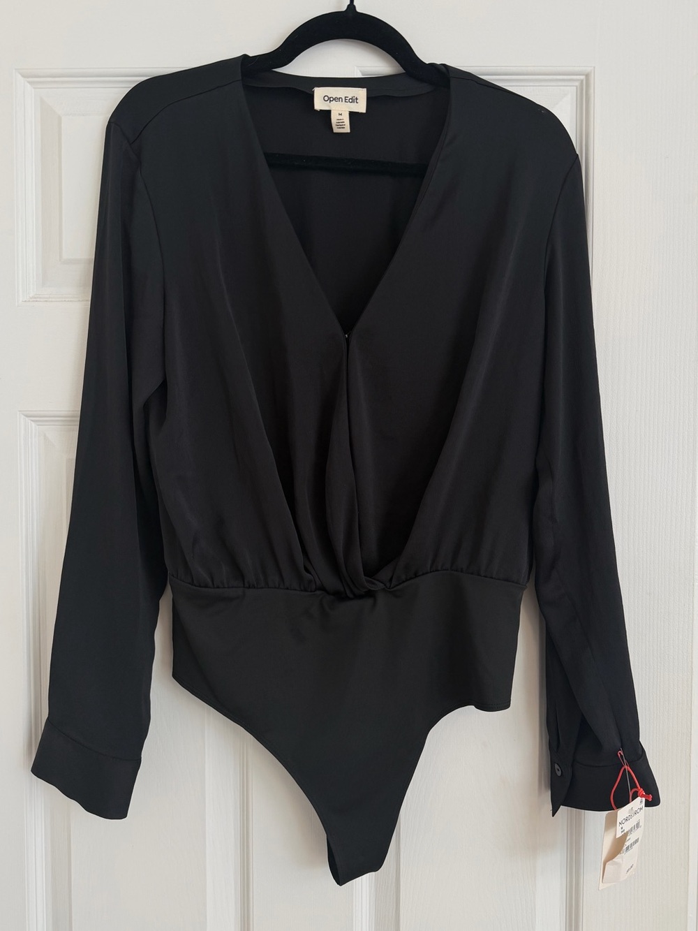NWT Open Edit Black Long Sleeve Surplice Bodysuit Size Medium - Picture 2 of 9